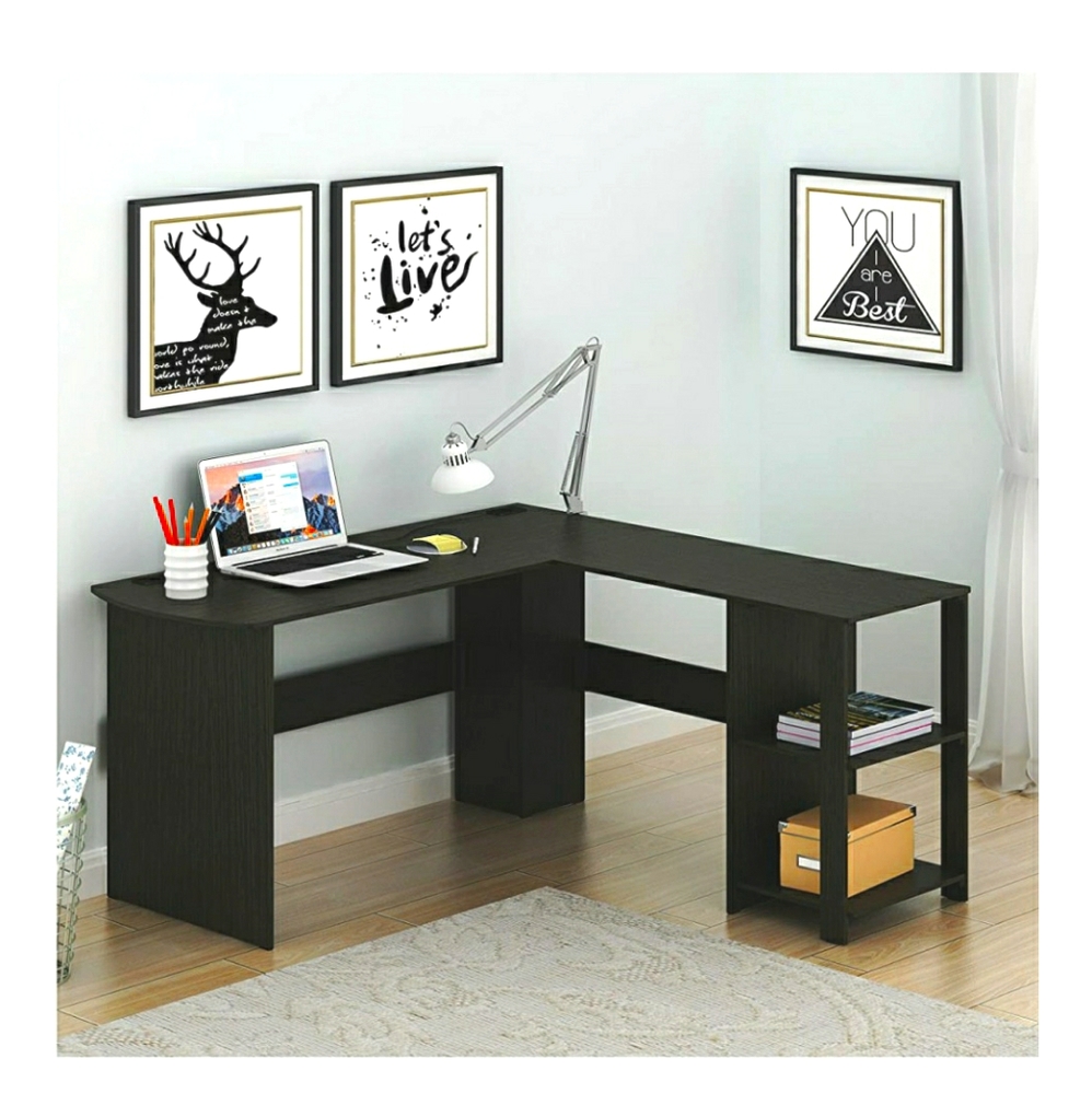 SHW Cyrus L Desk with Shelves, Espresso